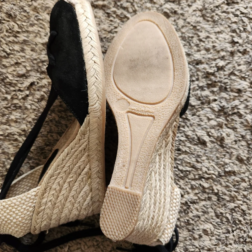 Free People Black Espadrille Wedge Sandals with Natural Rope Heel